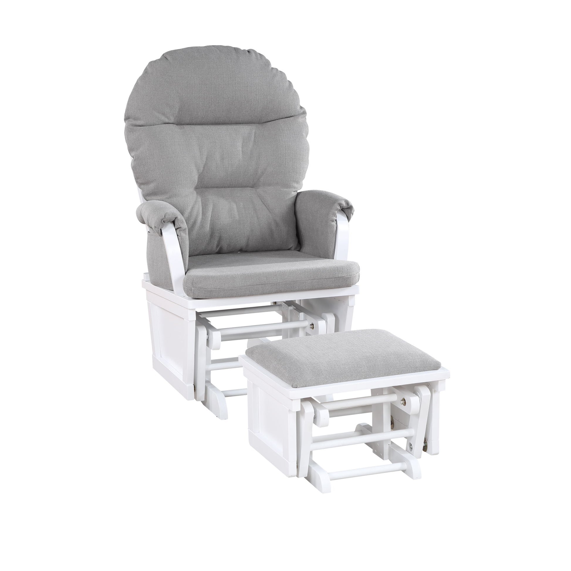 The Madison - Glider & Ottoman - White Base features a cushioned gray chair with padded armrests and a matching gliding ottoman, both on elegant white wooden frames, set against a plain white background.