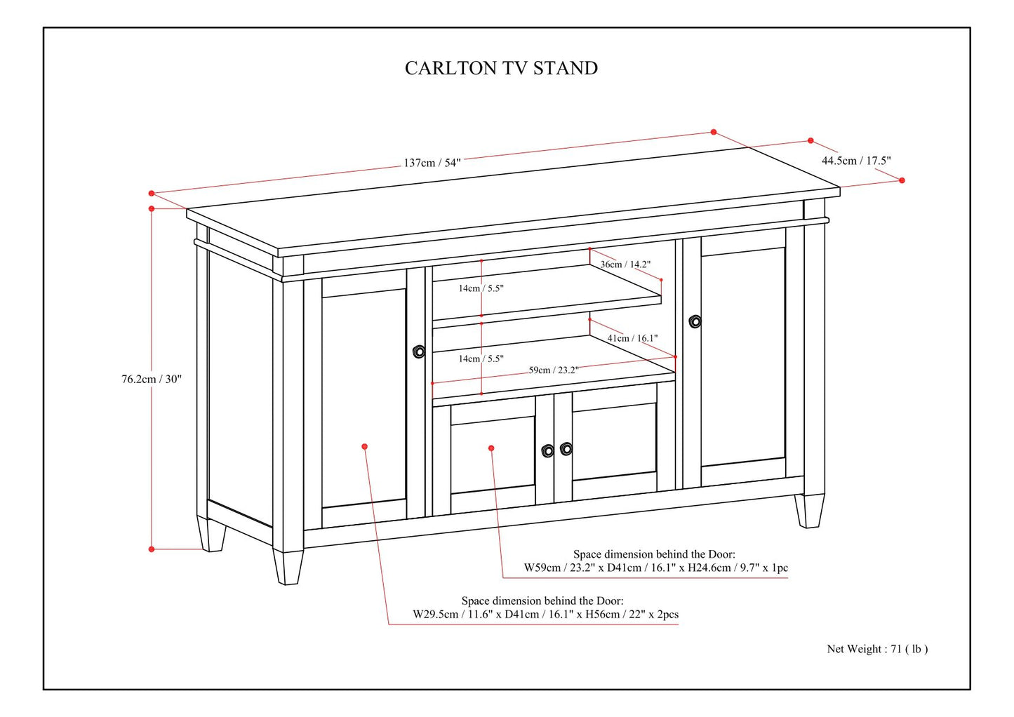 Line drawing of the Carlton - TV Media Stand with detailed width, height, depth, and interior cabinet measurements in cm and inches. All sections are labeled with dimensions. Overall net weight: 71 lbs.