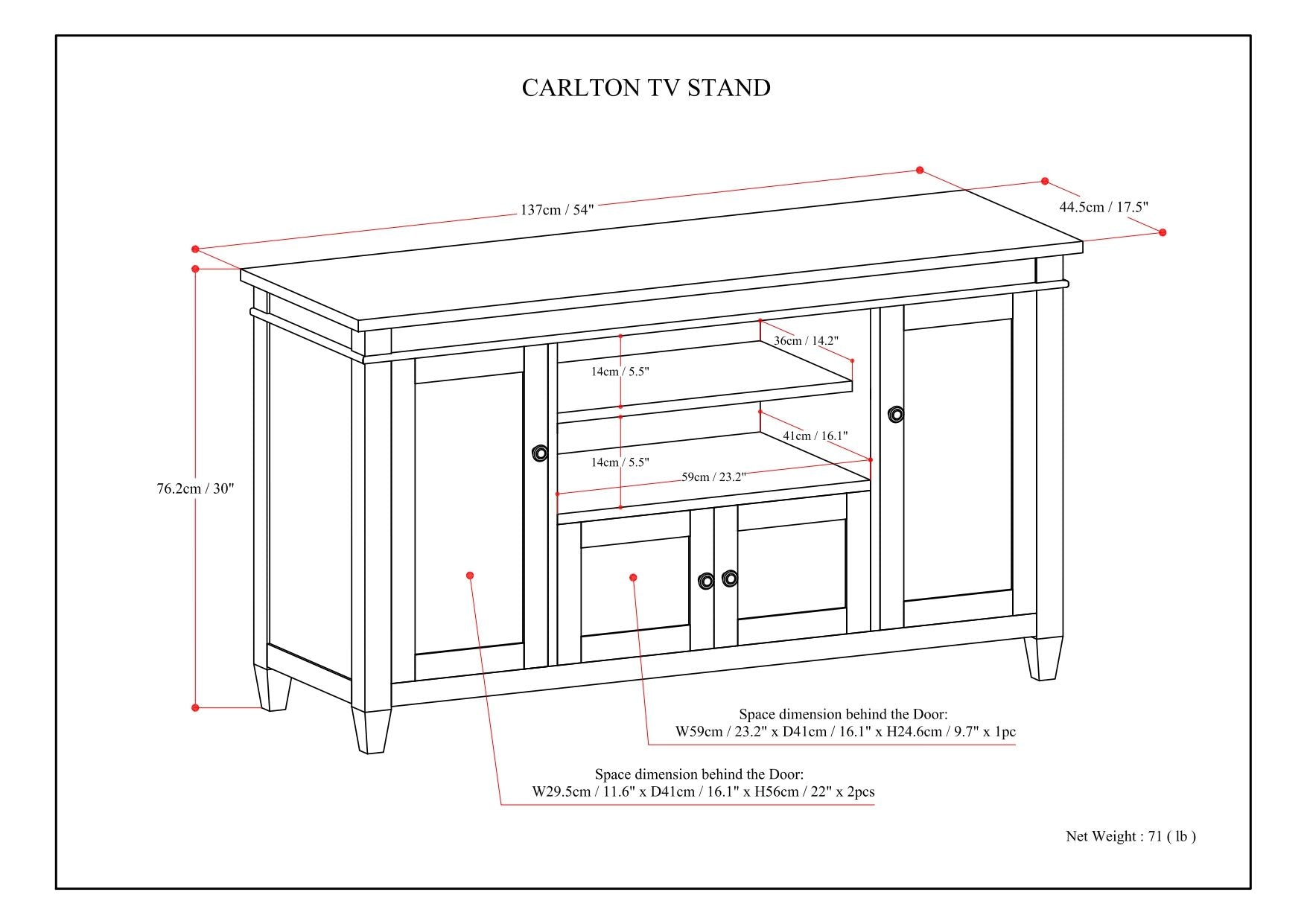 Line drawing of the Carlton - TV Media Stand with detailed width, height, depth, and interior cabinet measurements in cm and inches. All sections are labeled with dimensions. Overall net weight: 71 lbs.