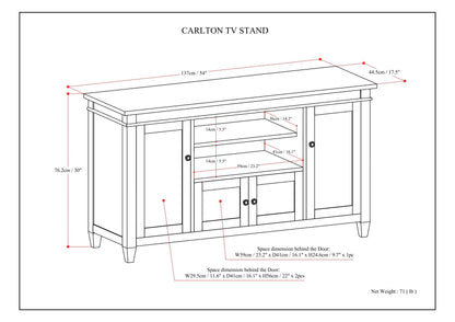 Line drawing of the Carlton - TV Media Stand with detailed width, height, depth, and interior cabinet measurements in cm and inches. All sections are labeled with dimensions. Overall net weight: 71 lbs.