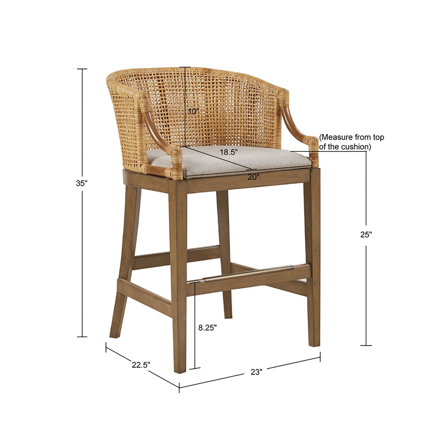The Casual Handcrafted Rattan Counter Stool features brown rattan and wood, a beige cushion, and measures 35" tall overall with a seat height of 25", seat width of 20", seat depth of 18.5", stool depth 22.5", and width 23".
