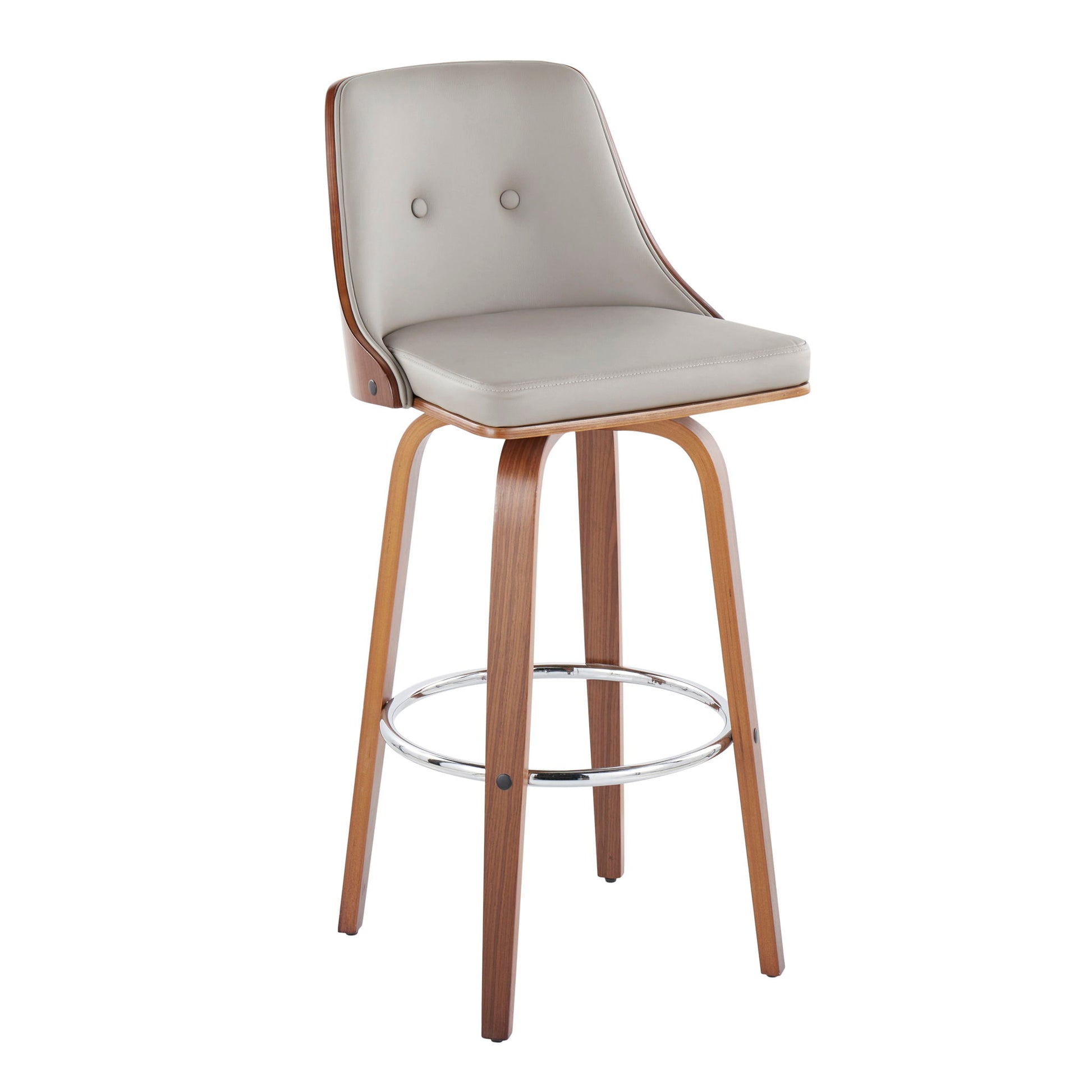 The Gianna Barstool set features a mid-century modern design with a curved wooden frame, light gray cushioned seat and backrest, two-button detail, four angled legs, and a round chrome footrest. Comes as a set of 2 with fixed height and swivel.