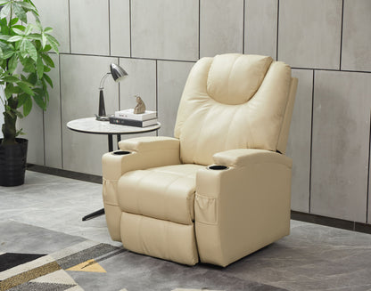 A Modern Recliner Chair With Cup Holders and Remote Control sits in a modern living room beside a round side table with books, a lamp, and a sculpture. A potted plant and decorative rug complete the scene.