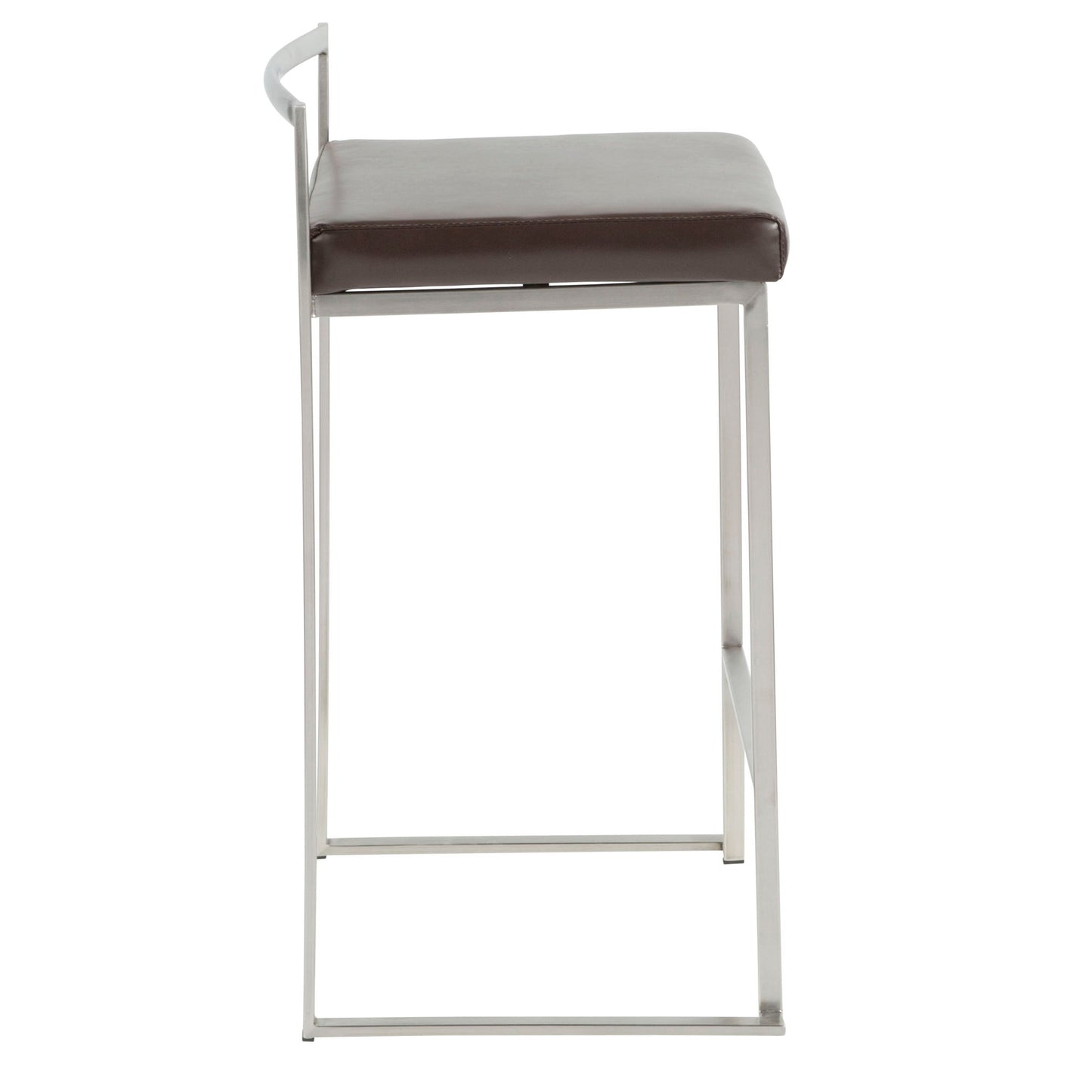 The Fuji Contemporary Counter Stool (Set of 2) features a square metal frame, dark brown cushioned seat, and a thin, angled backrest for minimalist style. Stackable and elegant, shown from the side.