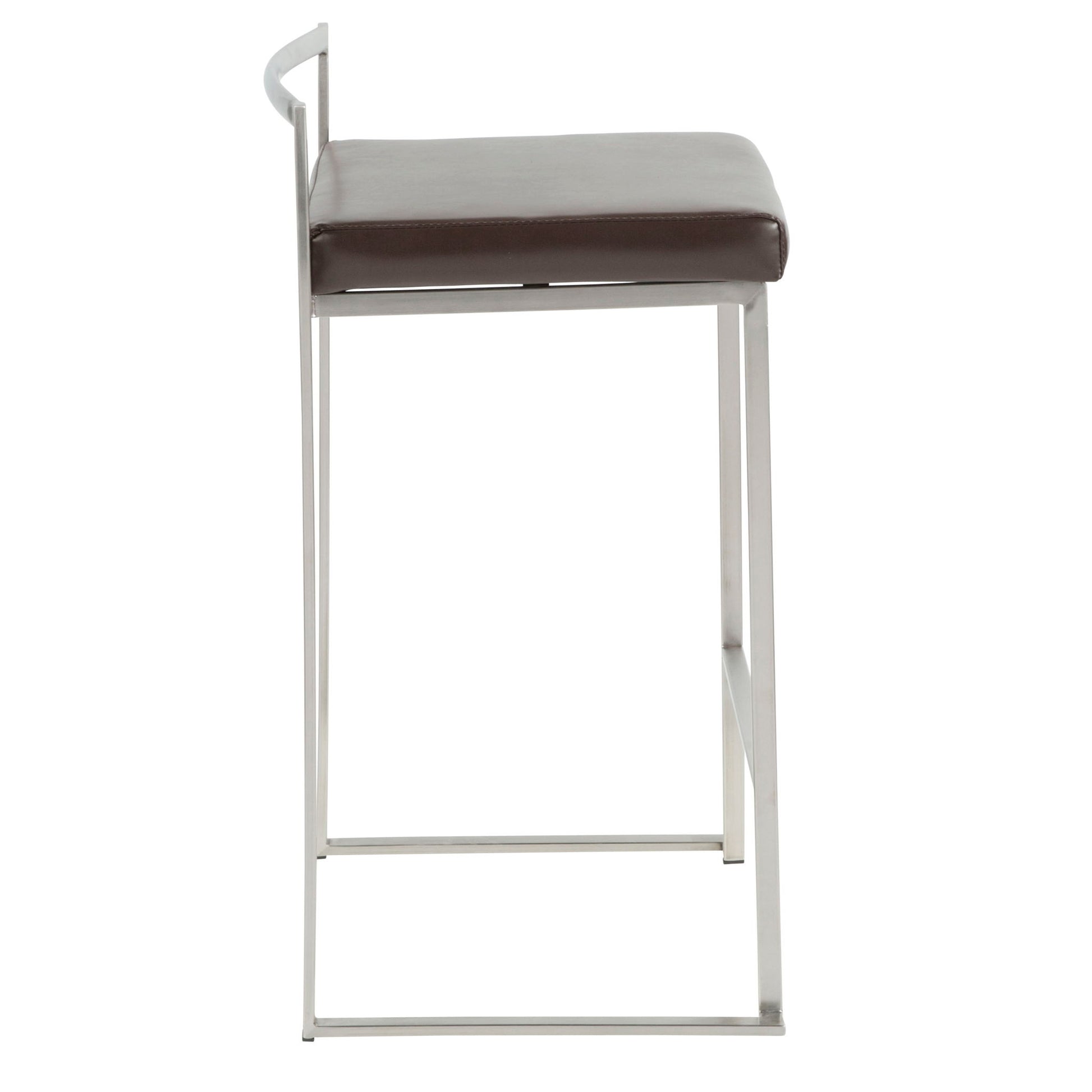 The Fuji Contemporary Counter Stool (Set of 2) features a square metal frame, dark brown cushioned seat, and a thin, angled backrest for minimalist style. Stackable and elegant, shown from the side.