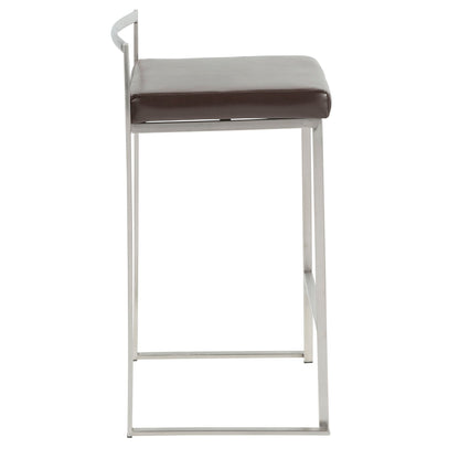 The Fuji Contemporary Counter Stool (Set of 2) features a square metal frame, dark brown cushioned seat, and a thin, angled backrest for minimalist style. Stackable and elegant, shown from the side.