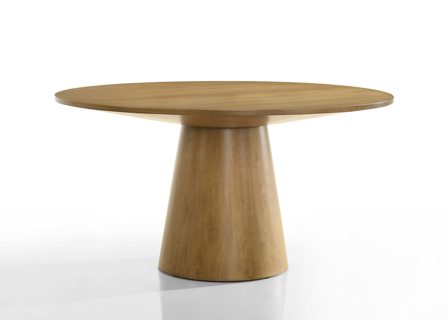 The Jasper Contemporary Round Dining Table features a smooth wooden surface, a wide conical pedestal base, and comes with black finish chairs, all set against a plain white background.