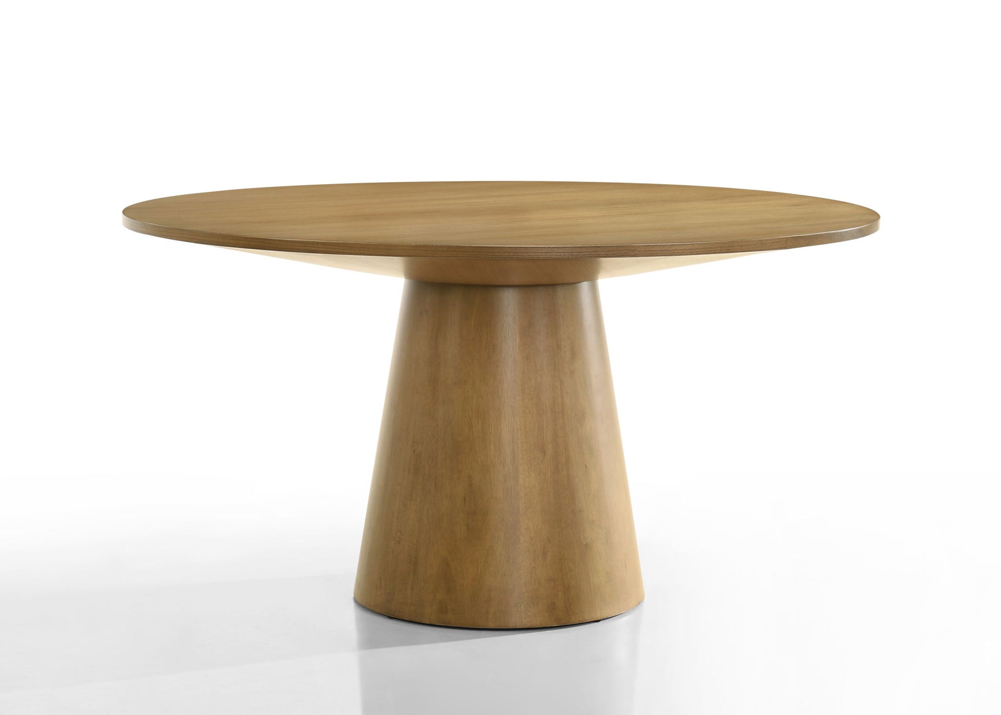 The Jasper Contemporary Round Dining Table features a smooth wooden surface, a wide conical pedestal base, and comes with black finish chairs, all set against a plain white background.