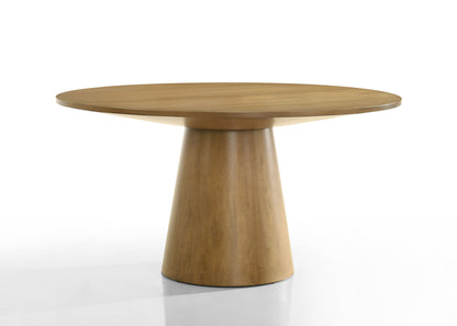The Jasper Contemporary Round Dining Table features a smooth wooden surface, a wide conical pedestal base, and comes with black finish chairs, all set against a plain white background.