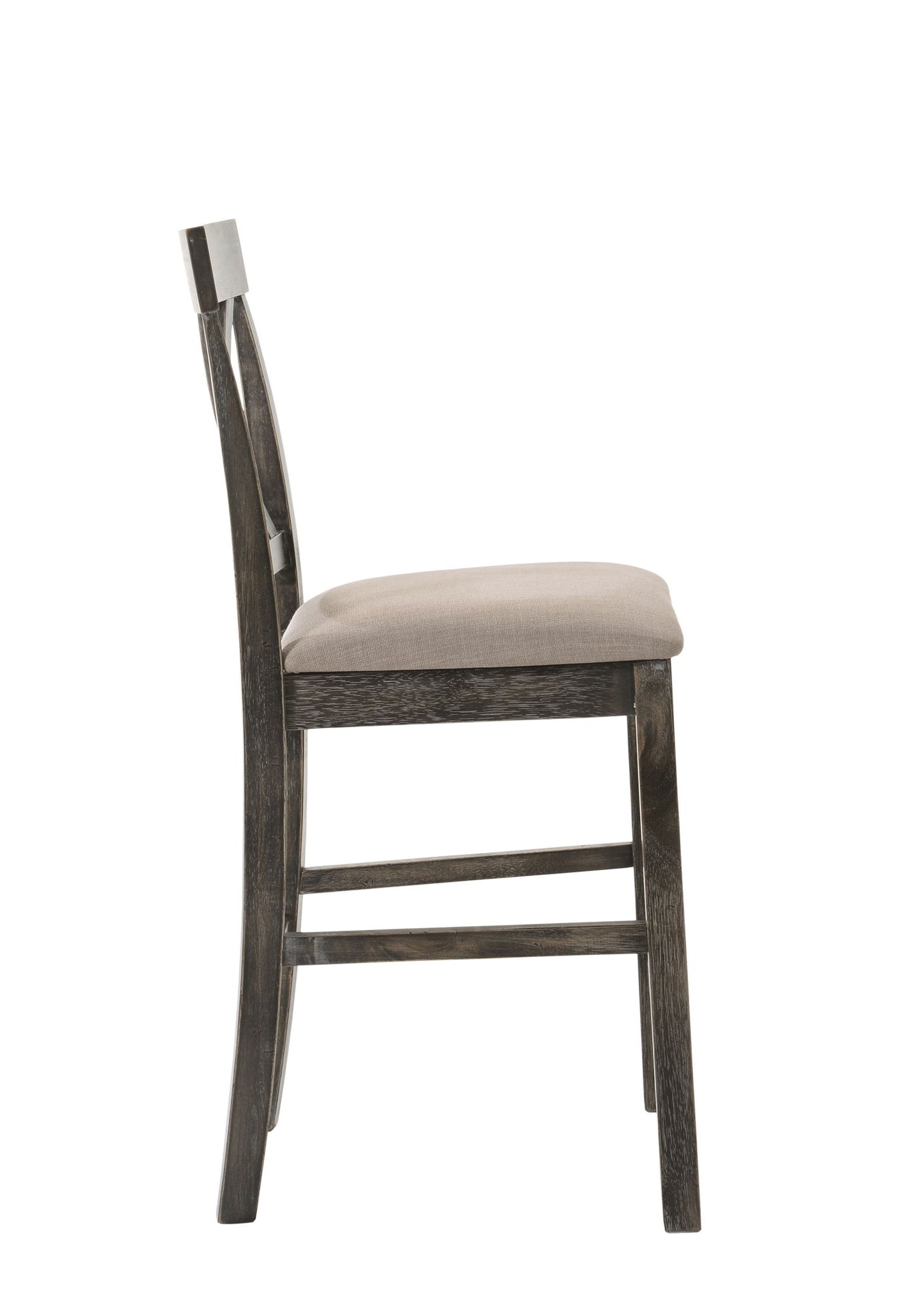 Side view of the Martha II Weathered Counter Height Chair (Set of 2) in Gray/Tan, featuring a dark wood frame, cushioned tan seat, slightly curved backrest, and horizontal support bars connecting the legs.