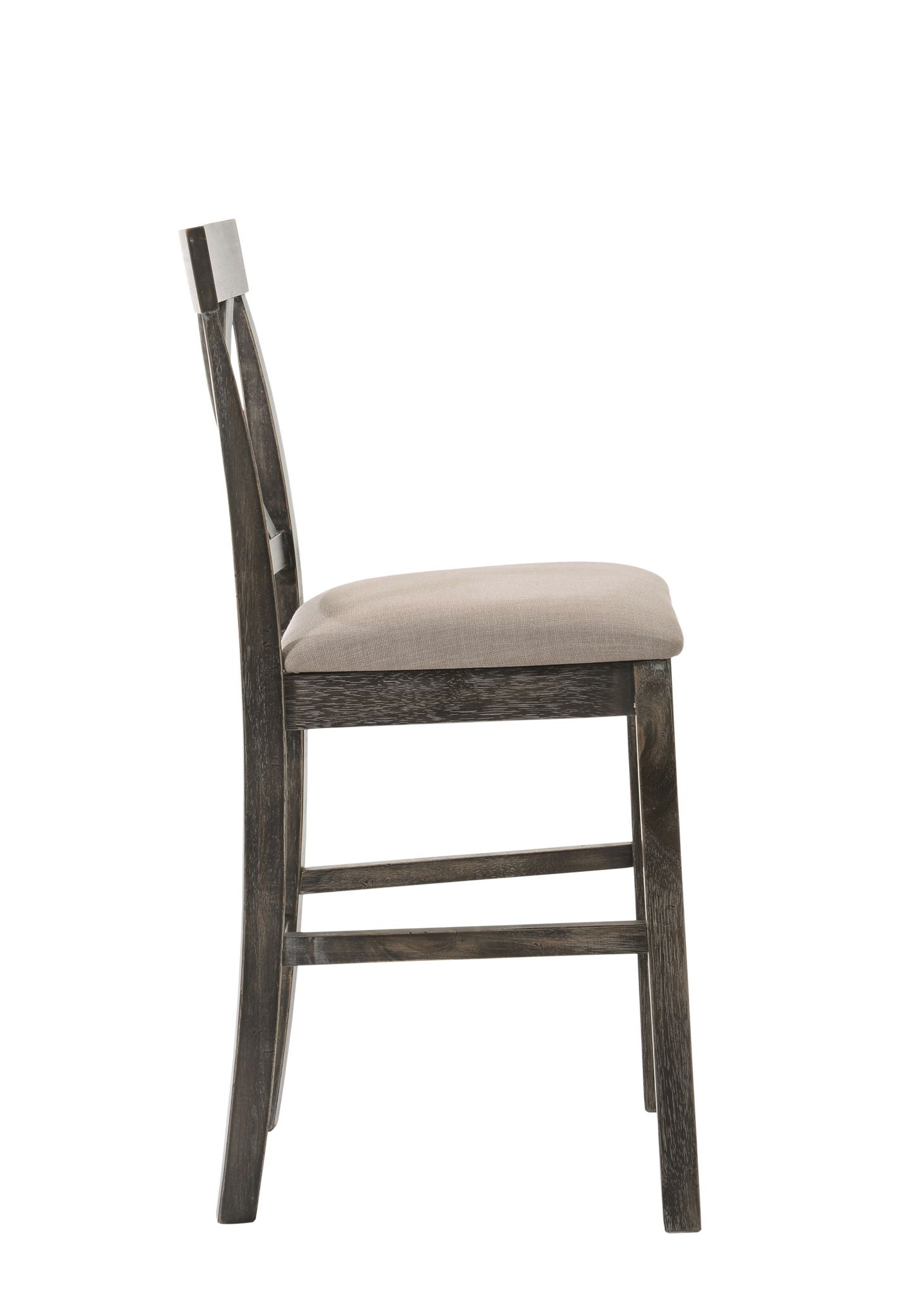 Side view of the Martha II Weathered Counter Height Chair (Set of 2) in Gray/Tan, featuring a dark wood frame, cushioned tan seat, slightly curved backrest, and horizontal support bars connecting the legs.