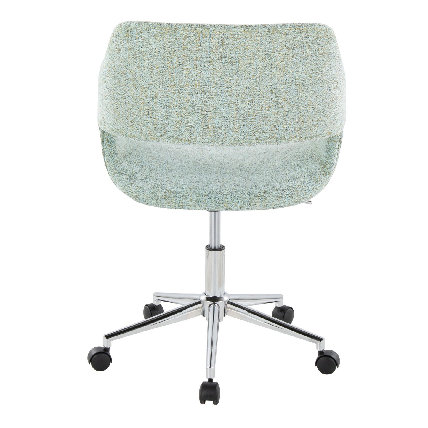 The Margarite - Contemporary Office Task Chair features a light textured fabric seat and backrest, shown from behind. It has a chrome five-leg base with black caster wheels for easy mobility.