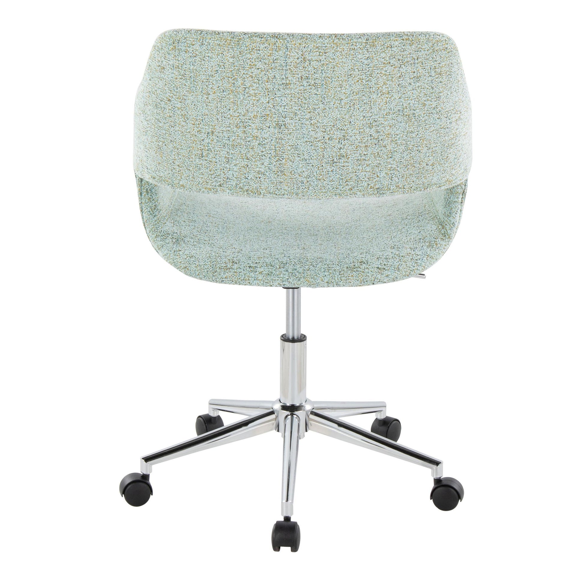 The Margarite - Contemporary Office Task Chair features a light textured fabric seat and backrest, shown from behind. It has a chrome five-leg base with black caster wheels for easy mobility.