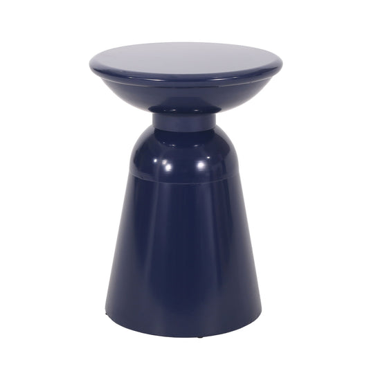 The Outdoor Modern Metal End Large Table features a glossy dark blue finish, a round top, and a sculptural geometric base for a contemporary look.