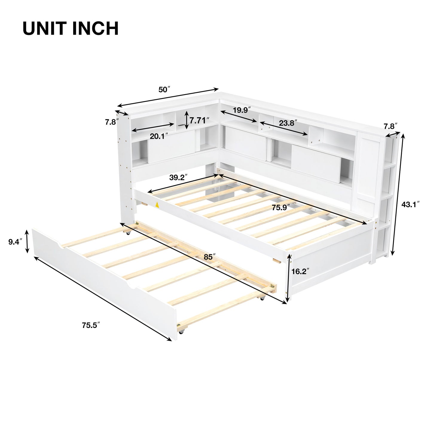 Daybed With Storage Shelves, USB Charging, And Trundle Bed