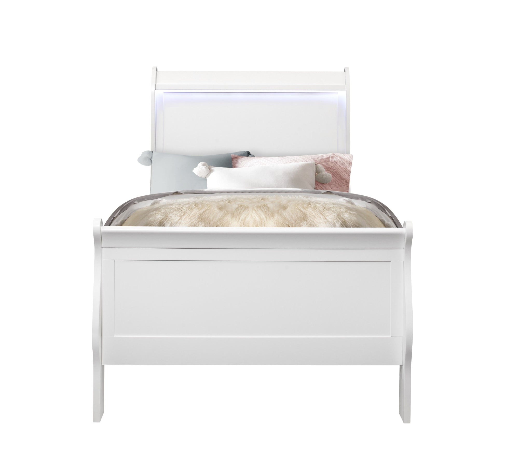 The Charlston - Bed With LED features a white panel headboard and is styled with a beige comforter and layered pillows in white, pink, and pastel blue against a plain white background.