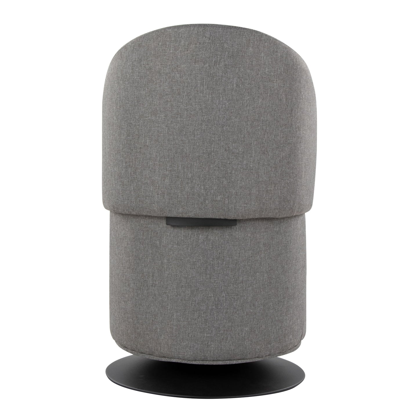 The Finch - Contemporary Chair features a minimalist design with a rounded back and seat, upholstered in gray fabric, set on a circular black base. Its modern style is highlighted when viewed from the back.