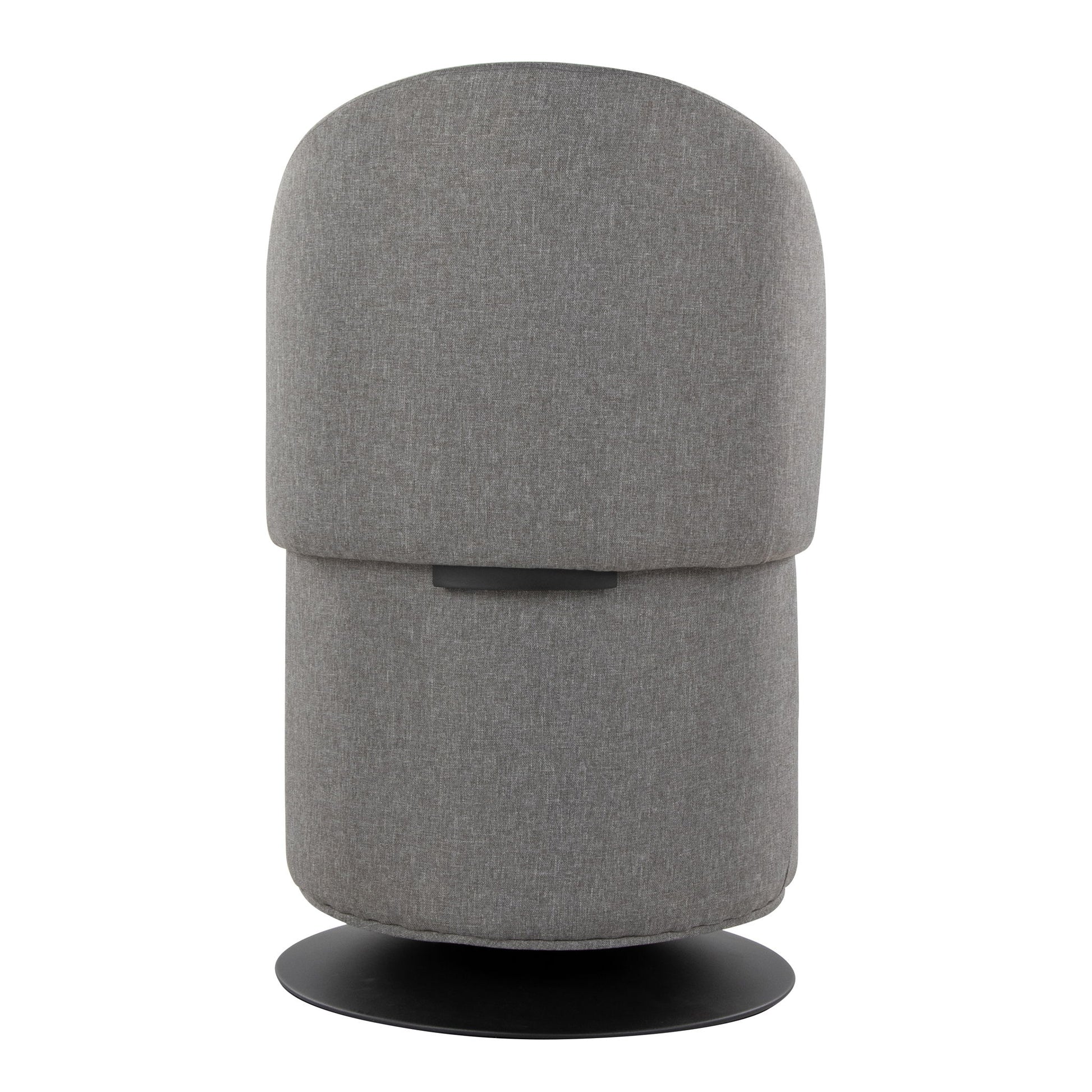 The Finch - Contemporary Chair features a minimalist design with a rounded back and seat, upholstered in gray fabric, set on a circular black base. Its modern style is highlighted when viewed from the back.