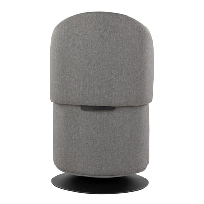 The Finch - Contemporary Chair features a minimalist design with a rounded back and seat, upholstered in gray fabric, set on a circular black base. Its modern style is highlighted when viewed from the back.