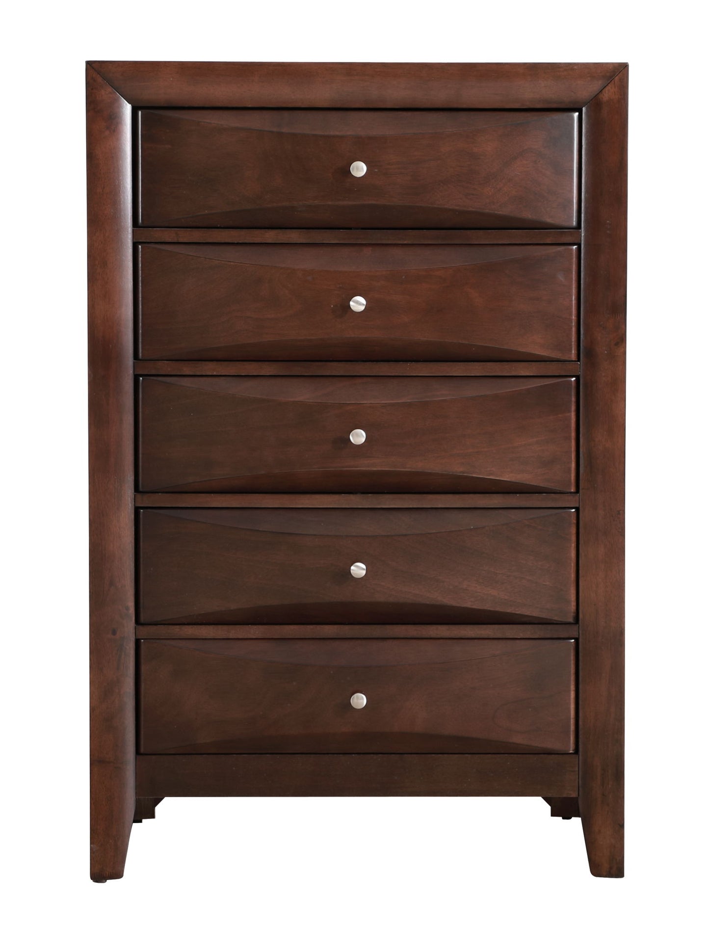 The Marilla - Chest is a tall, modern dresser in rich brown wood, featuring six drawers with round silver knobs and smooth edges for a sleek look.