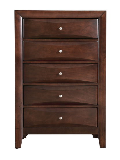 The Marilla - Chest is a tall, modern dresser in rich brown wood, featuring six drawers with round silver knobs and smooth edges for a sleek look.