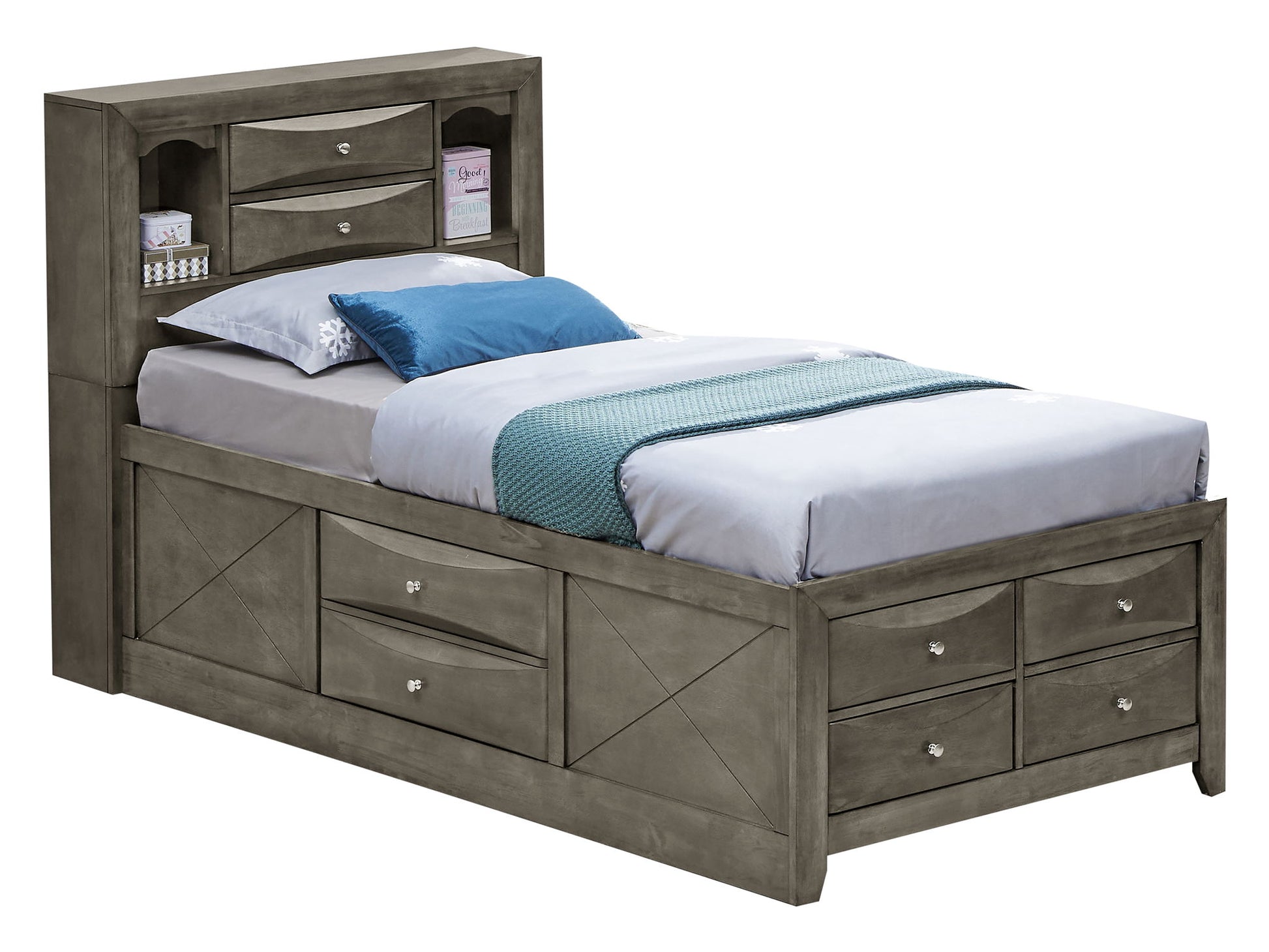 The Marilla Storage Bed With Bookcase Headboard is a gray wooden twin bed with built-in storage drawers under the frame and shelves in the headboard for books and decor. It comes dressed in white, blue, and gray bedding.