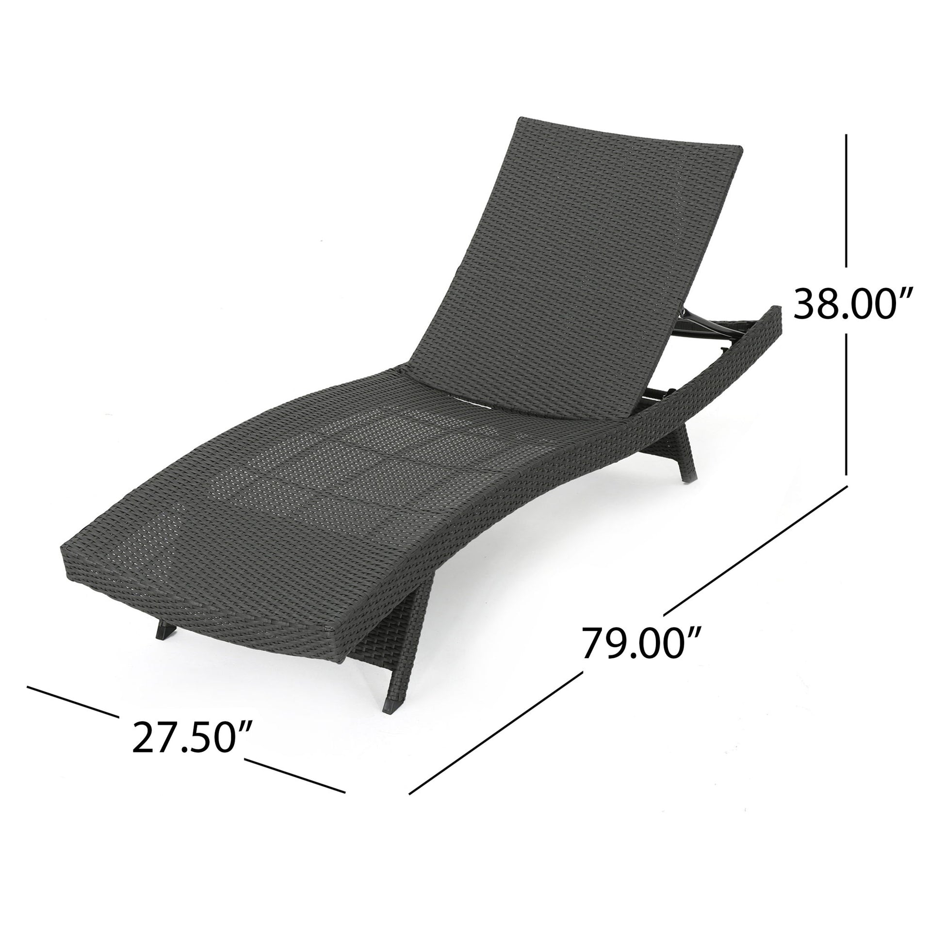 The Salem - Chaise Lounge is a black woven outdoor chaise with an adjustable backrest, measuring 79"L x 27.5"W x 38"H. White dimension lines and labels appear on a plain white background.