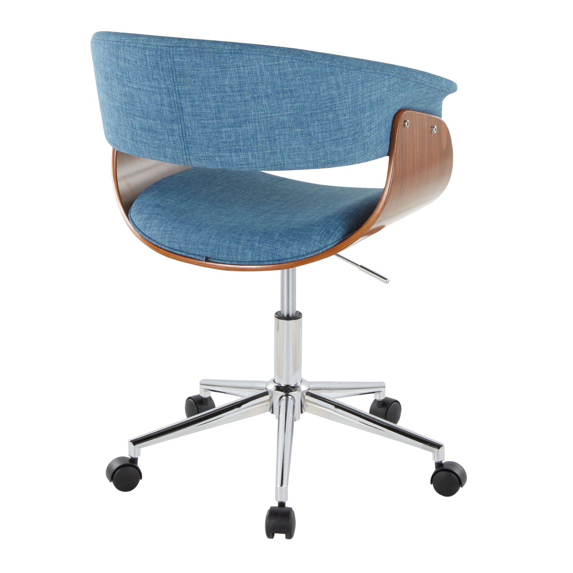 The Vintage Mod - Mid-Century Modern Office Chair features a curved wooden back, blue fabric upholstery, padded seat, metal base with five caster wheels, and height adjustment lever. The chair is shown from the back.