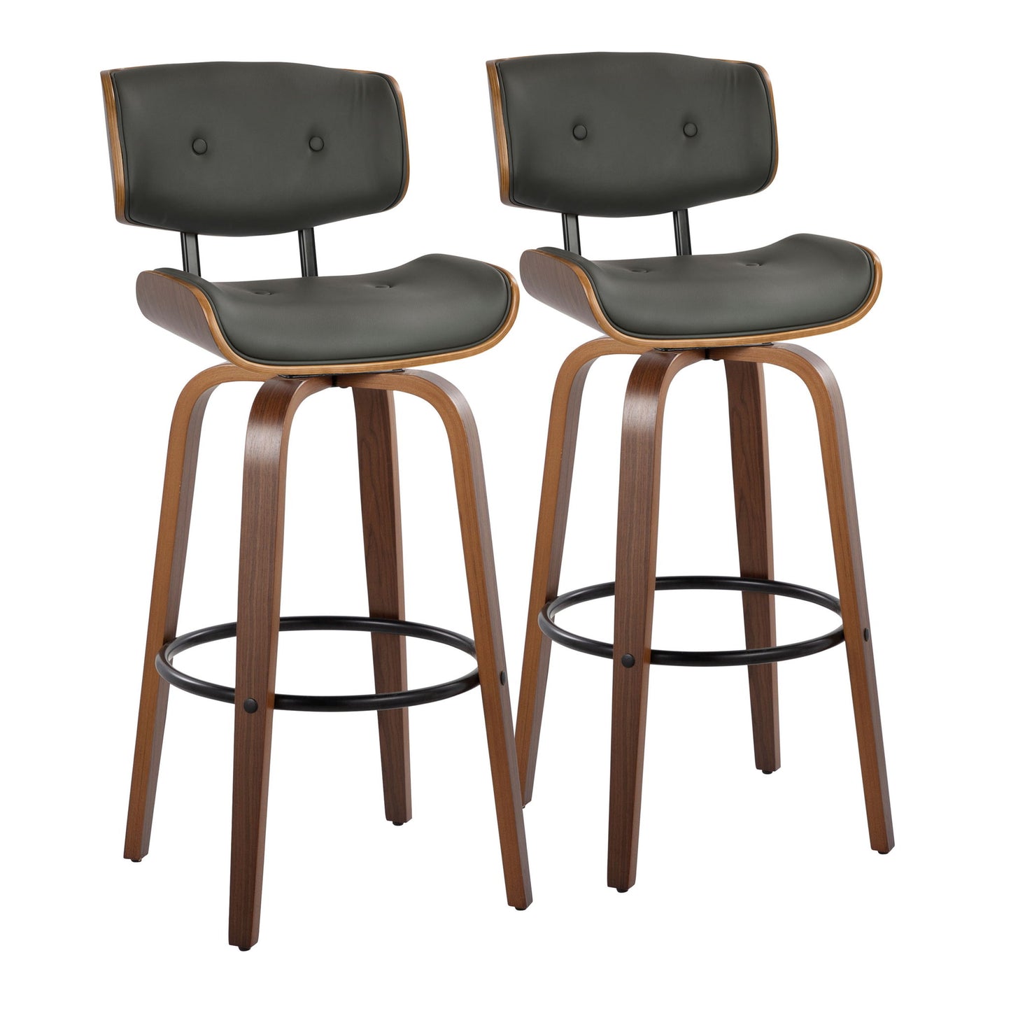 The Lombardi set includes two mid-century modern fixed height barstools with swivel, featuring curved wooden frames, dark padded seats and backs, round footrests, and angled wooden legs, displayed against a white background.