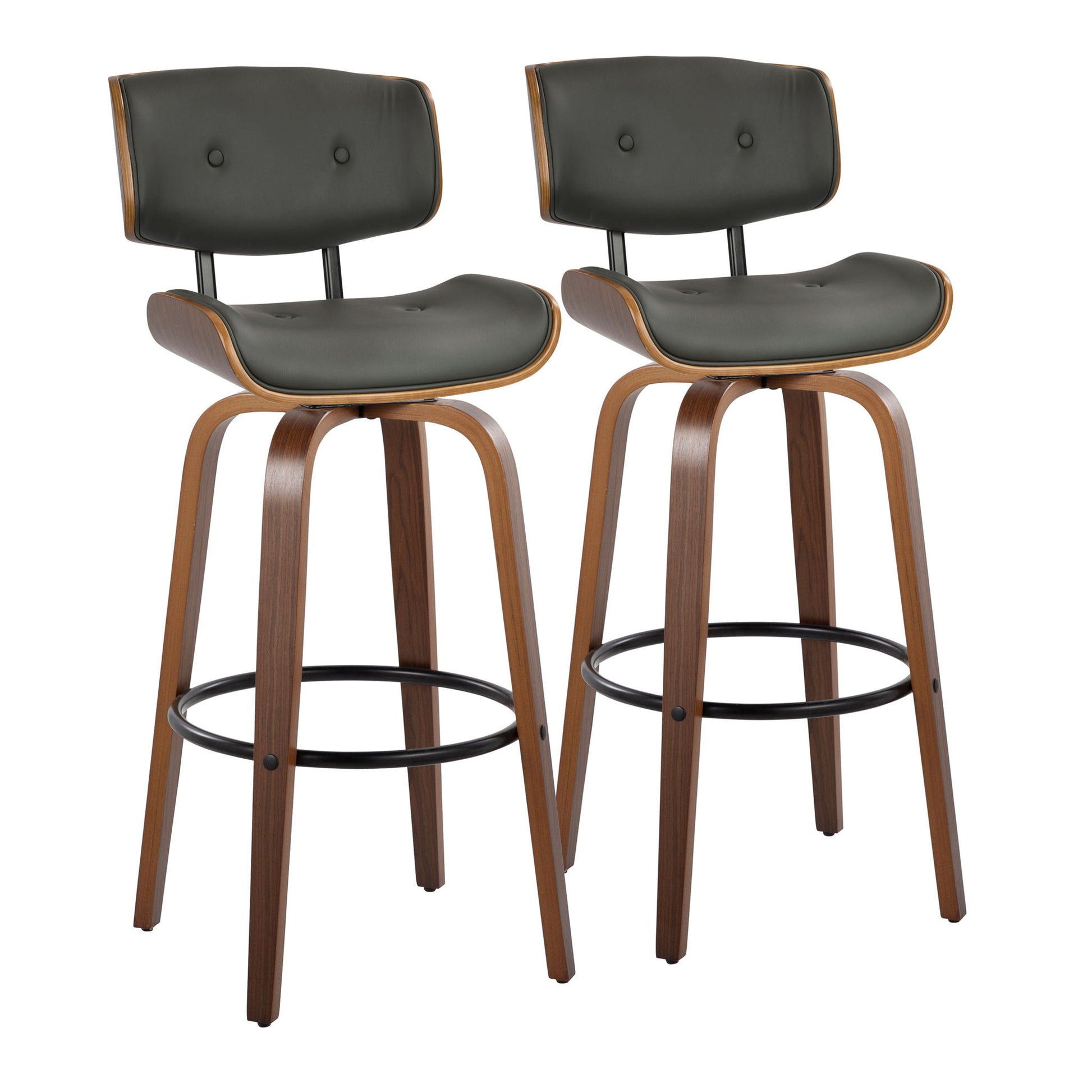 The Lombardi set includes two mid-century modern fixed height barstools with swivel, featuring curved wooden frames, dark padded seats and backs, round footrests, and angled wooden legs, displayed against a white background.