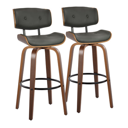 The Lombardi set includes two mid-century modern fixed height barstools with swivel, featuring curved wooden frames, dark padded seats and backs, round footrests, and angled wooden legs, displayed against a white background.