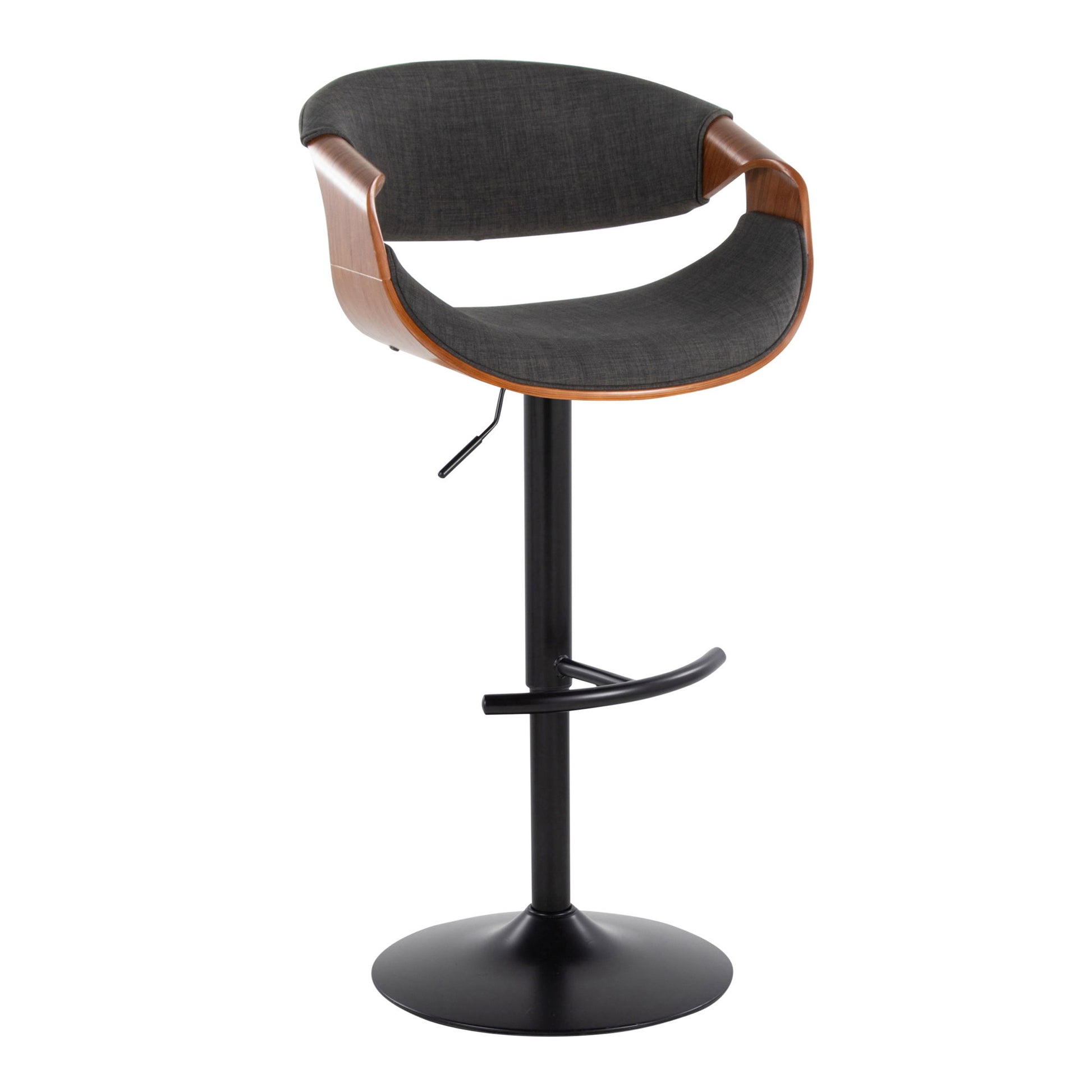 The Curvo Mid Century Modern Adjustable Barstool set features a circular black metal base, black cushioned seat and backrest, wooden arm supports, swivel functionality, and a rounded T footrest.