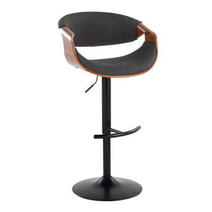 The Curvo Mid Century Modern Adjustable Barstool set features a circular black metal base, black cushioned seat and backrest, wooden arm supports, swivel functionality, and a rounded T footrest.