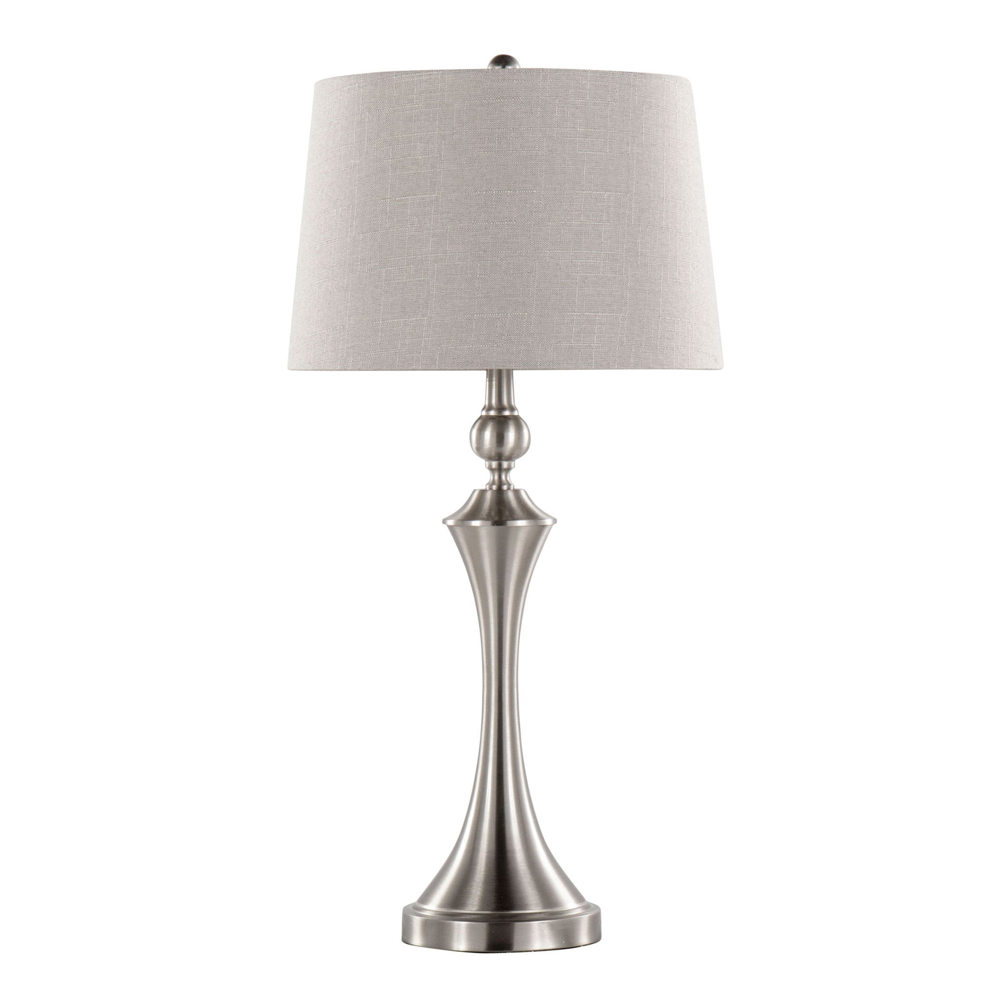 The Flint Contemporary Table Lamp (Set of 2) features a brushed nickel base with a smooth, tapered design, a round light gray fabric shade, built-in USB port, and offers a minimalist, elegant look.