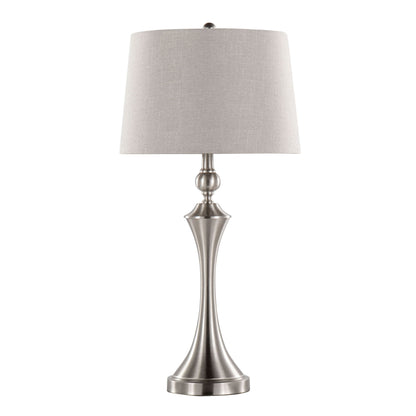 The Flint Contemporary Table Lamp (Set of 2) features a brushed nickel base with a smooth, tapered design, a round light gray fabric shade, built-in USB port, and offers a minimalist, elegant look.