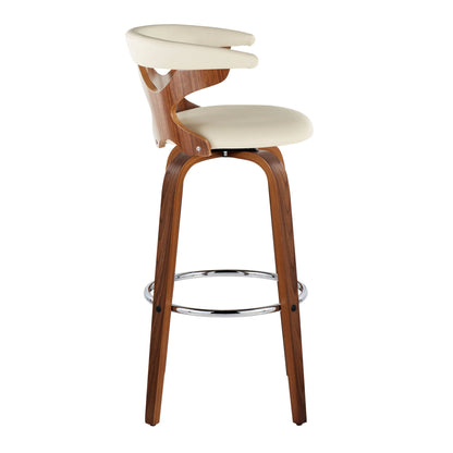 The Gardenia Mid Century Modern Fixed Height Barstool (Set of 2) features a curved wooden frame, cream upholstered seat and backrest, an open-back design, angled wooden legs, swivel function, and a round chrome footrest.