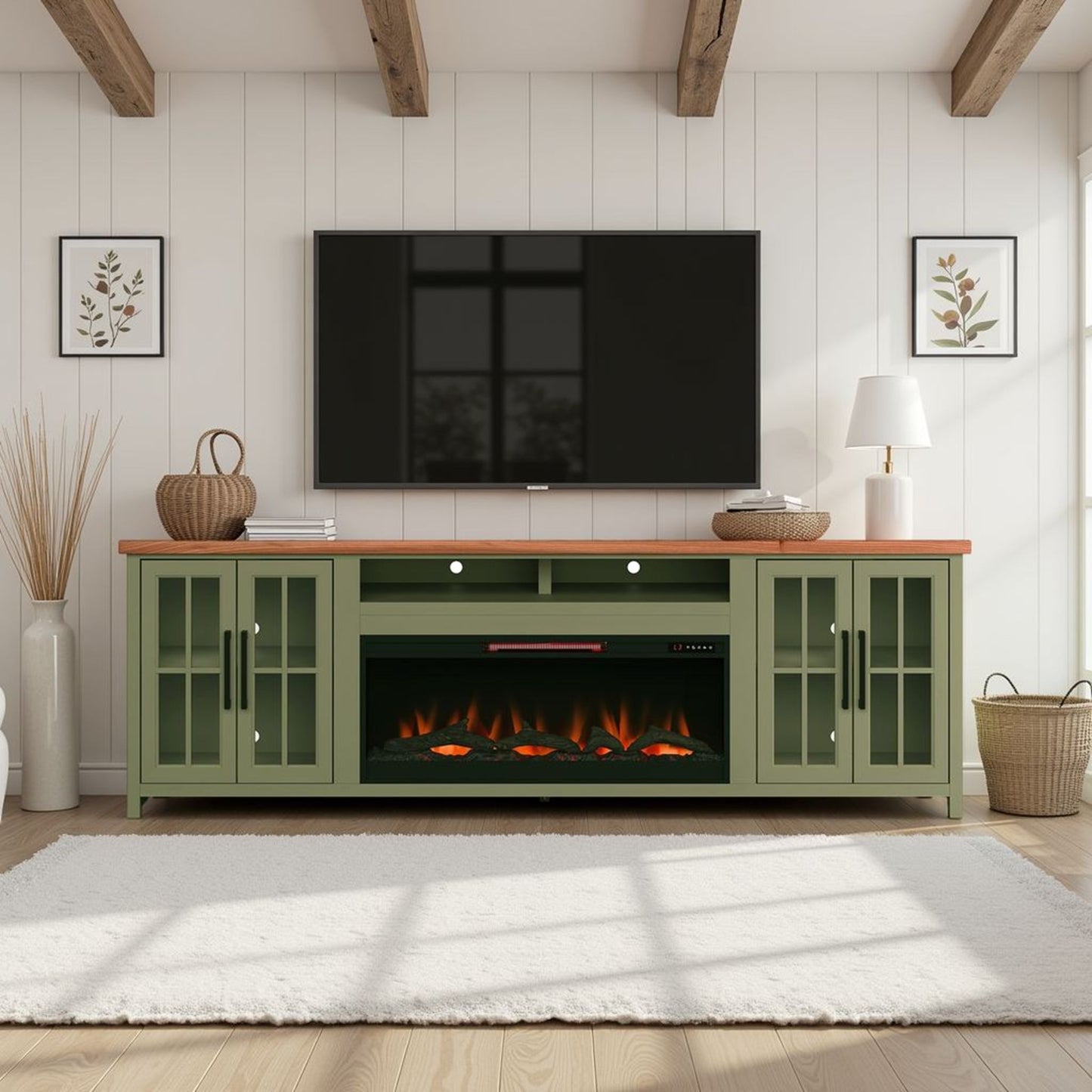 Vineyard - 97" Fireplace TV Stand Console For TVs Up To 100" - Sage Green And Fruitwood Finish