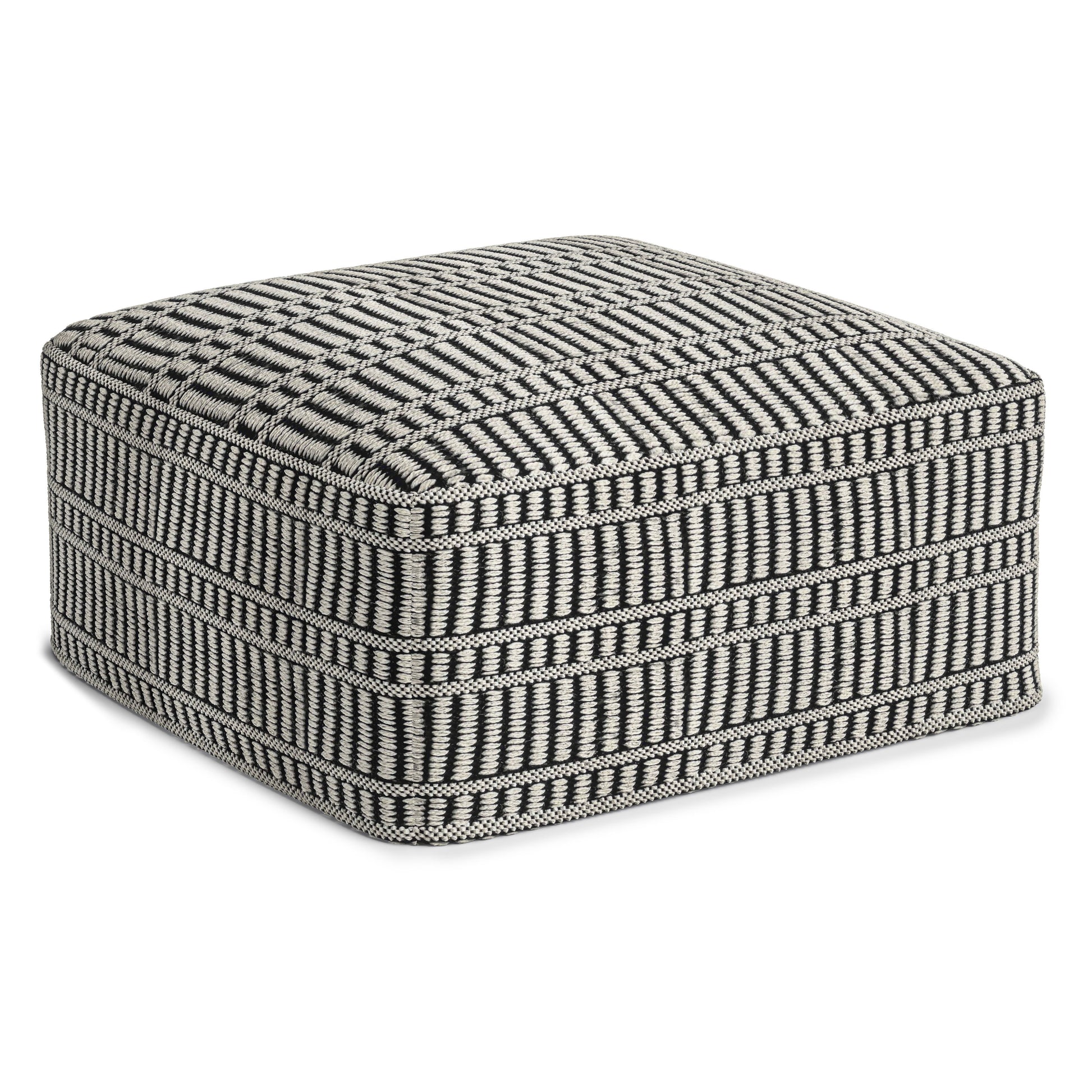 The Safford Square Woven Outdoor/Indoor Pouf in black and white features a geometric pattern with horizontal and vertical stripes and a soft, cushioned top.