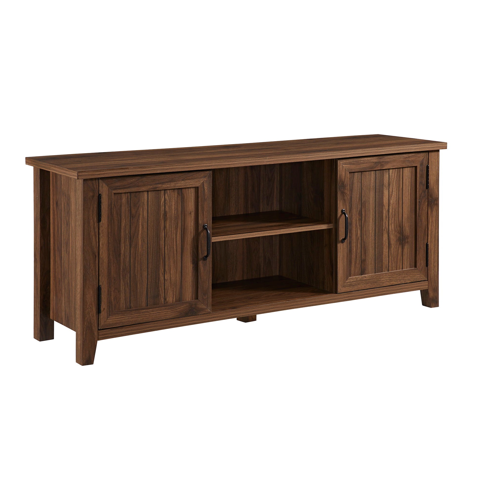 The Classic Grooved Door TV Stand for TVs up to 65" features two paneled cabinet doors on each side, two open center shelves, black metal handles, a rustic finish, and a simple, sturdy design.