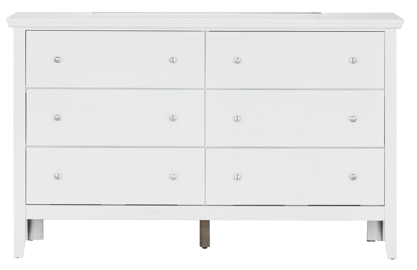 The Primo Dresser is a white, modern six-drawer dresser featuring clean lines, simple silver knobs, and short legs.