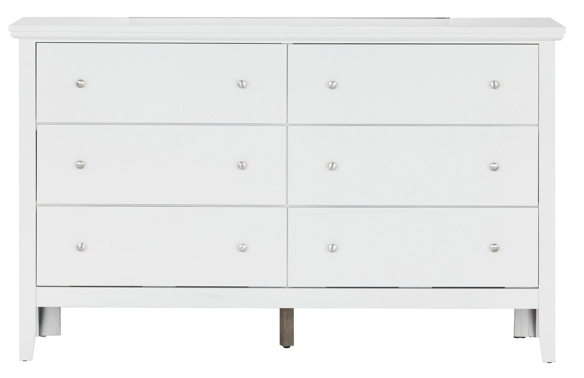 The Primo Dresser is a white, modern six-drawer dresser featuring clean lines, simple silver knobs, and short legs.