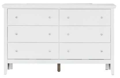 The Primo Dresser is a white, modern six-drawer dresser featuring clean lines, simple silver knobs, and short legs.