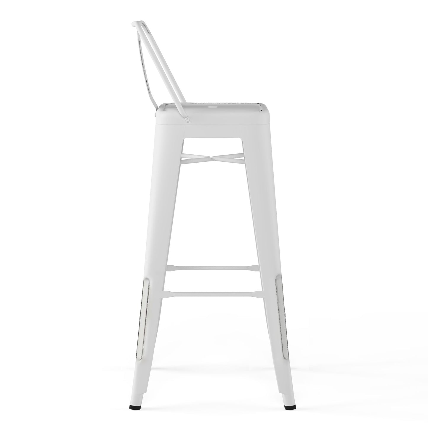 The Rayne Multifunctional Metal Stool is shown in a side view against a plain white background. This white metal bar stool features a backrest, straight legs, footrests, and a minimalist industrial design.