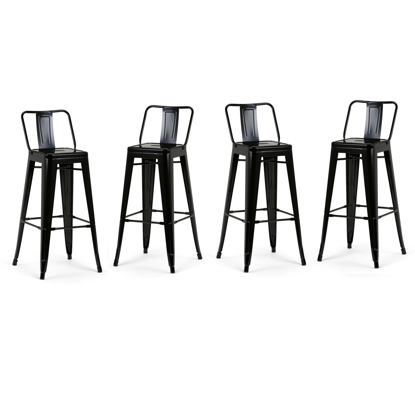 Four Rayne Multifunctional Metal Stools, tall and black with square seats and open backs, are evenly spaced in a row on a white background.