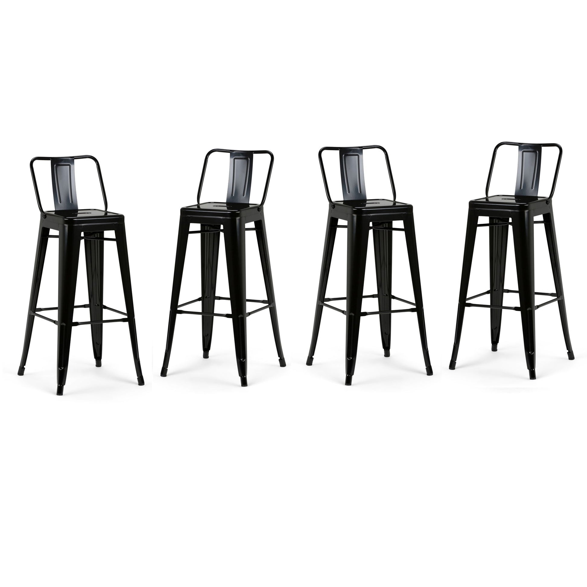 Four Rayne Multifunctional Metal Stools, tall and black with square seats and open backs, are evenly spaced in a row on a white background.