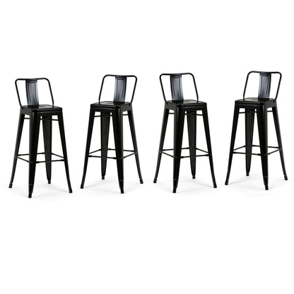 Four Rayne Multifunctional Metal Stools, tall and black with square seats and open backs, are evenly spaced in a row on a white background.