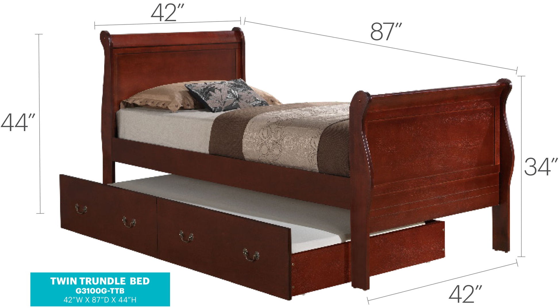 The Elegant Trundle Bed With Timeless Charm features decorative bedding, two pull-out drawers, and dimensions of 42" wide, 87" long, 44" high at the headboard, and 34" high at the footboard.