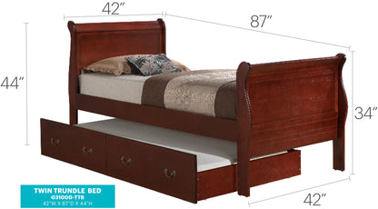 The Elegant Trundle Bed With Timeless Charm features decorative bedding, two pull-out drawers, and dimensions of 42" wide, 87" long, 44" high at the headboard, and 34" high at the footboard.