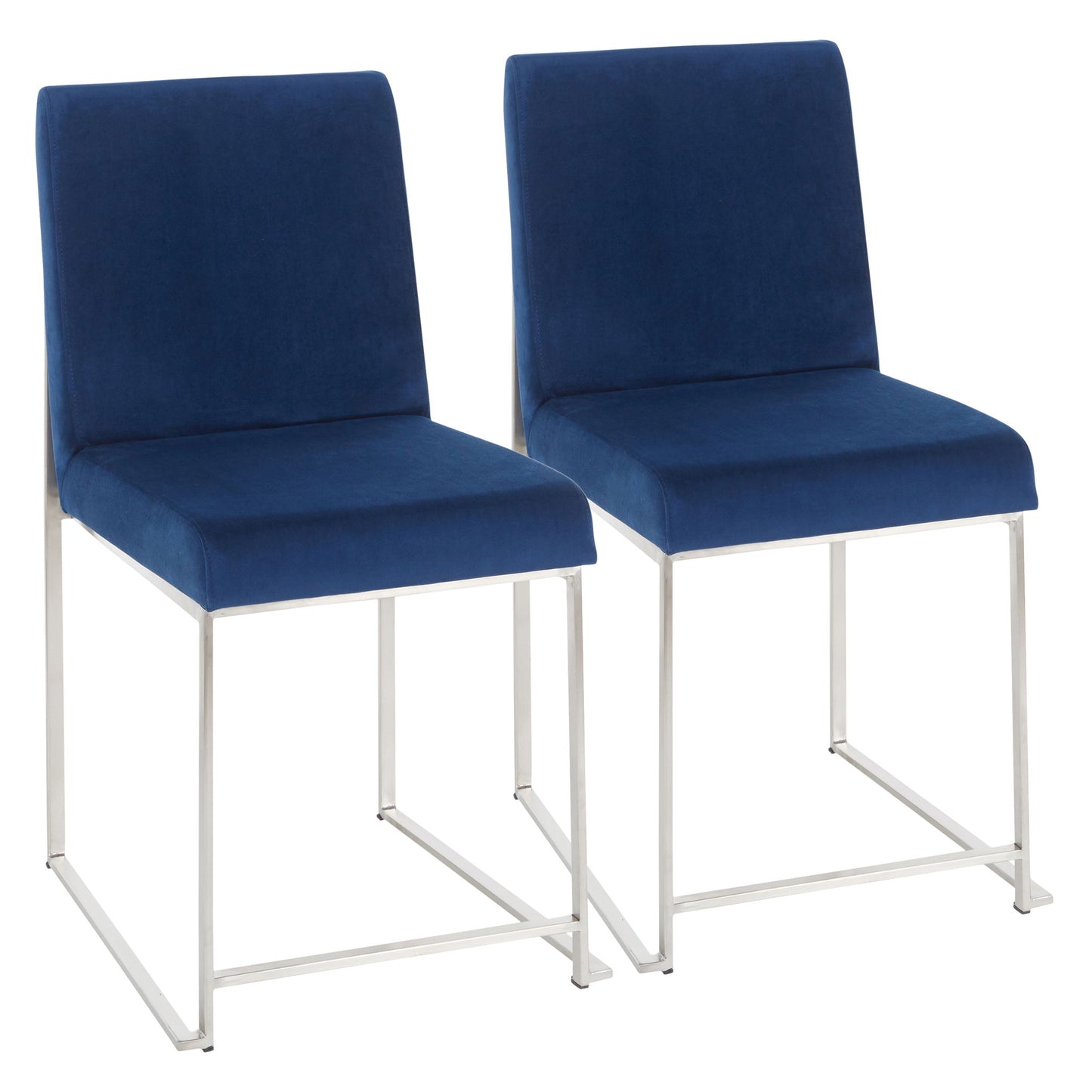 A set of two Fuji Contemporary Modern Elegance High Back Dining Chairs with blue upholstered seats and backs, sleek rectangular silver metal legs and frames, displayed side by side on a white background.