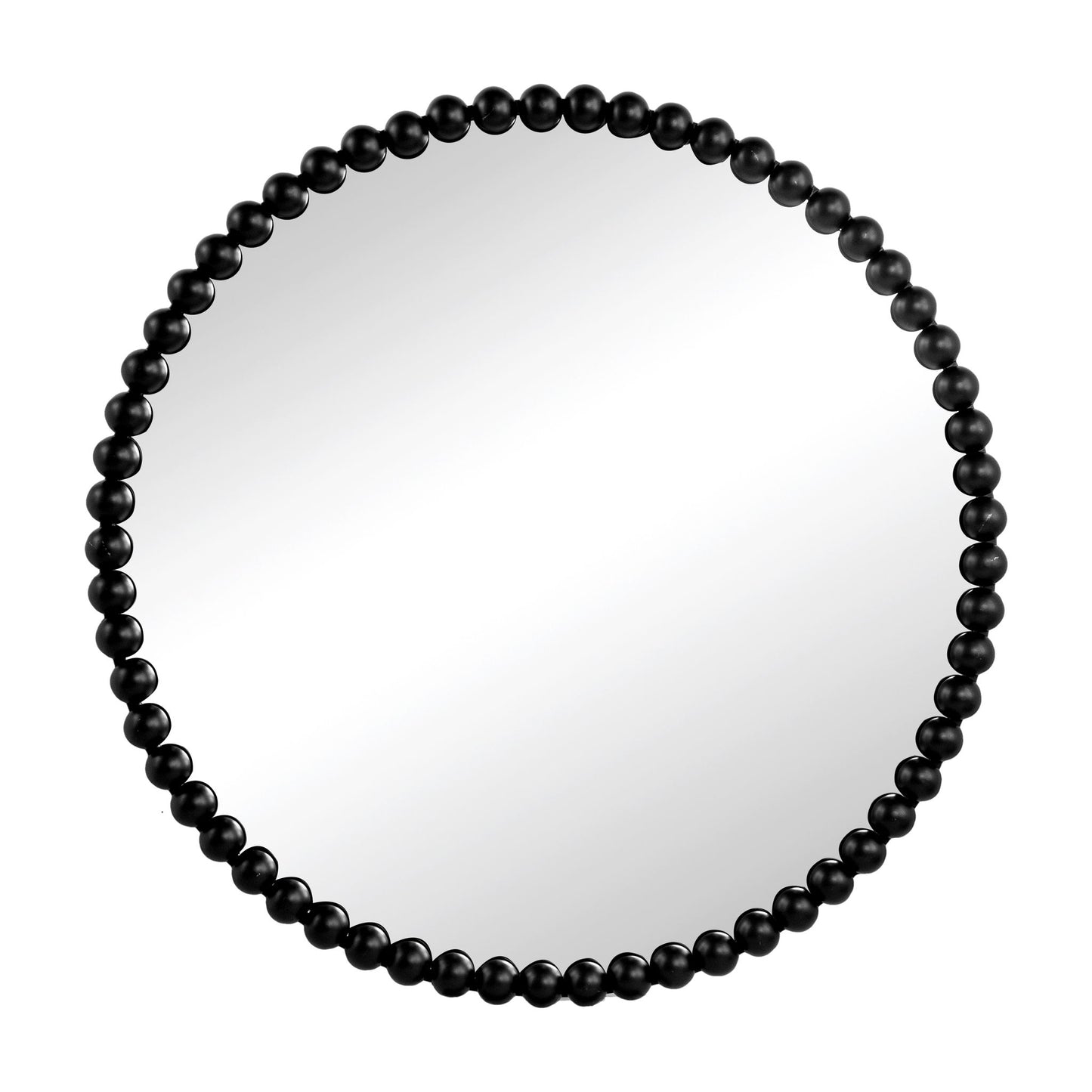 The Circle Mirror With Metal Beaded Frame features evenly spaced black metal beads around a round mirror, perfect for living rooms, bedrooms, or entryways. Set against a white background for a classic look.